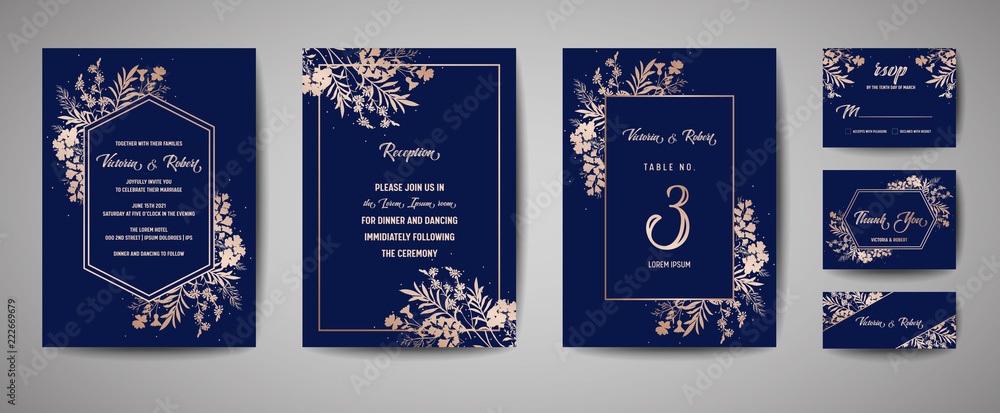 Luxury Wedding Save the Date, Invitation Navy Cards Collection with Gold Foil Flowers and Leaves and Wreath. Vector trendy cover, graphic poster, geometric floral brochure, design template - obrazy, fototapety, plakaty 