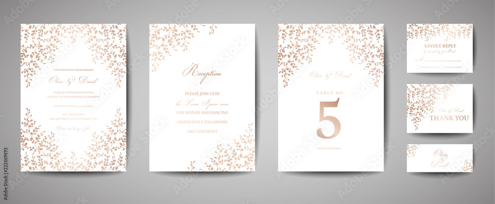 Obraz premium Luxury Wedding Save the Date, Invitation Cards Collection with Gold Foil Leaves and Wreath. Vector trendy cover, graphic poster, geometric floral brochure, design template