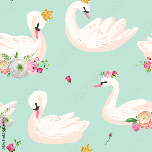 Beautiful Seamless Pattern with white Swans in crowns, use for Baby Background, Textile Prints, Covers, Wallpaper, Posters. Vector Illustration