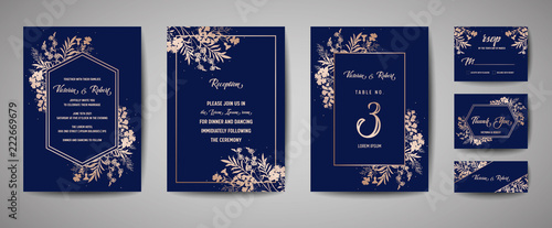 Luxury Wedding Save the Date, Invitation Navy Cards Collection with Gold Foil Flowers and Leaves and Wreath. Vector trendy cover, graphic poster, geometric floral brochure, design template