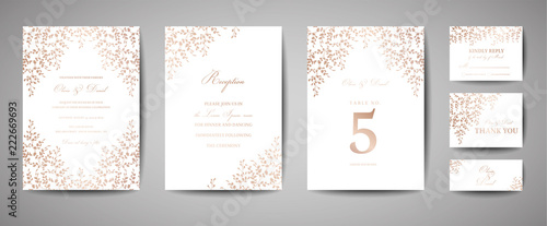 Luxury Wedding Save the Date  Invitation Cards Collection with Gold Foil Leaves and Wreath. Vector trendy cover  graphic poster  geometric floral brochure  design template