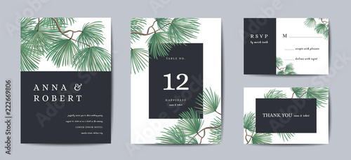 Botanical Wedding Invitation card Template Design, Pine Tree with Golden Foil, Christmas Greetings, Collection of Save the date, RSVP in vector