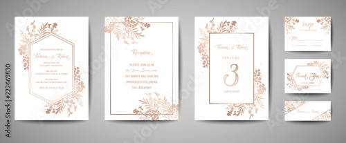Luxury Wedding Save the Date, Invitation Navy Cards Collection with Gold Foil Flowers and Leaves and Wreath. Vector trendy cover, graphic poster, geometric floral brochure, design template