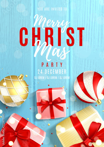 Merry Christmas party invitation template. Elegant background with top view on realistic gift boxes and Christmas balls on wooden texture. Vector illustration with effect bokeh. Invite to nightclub.