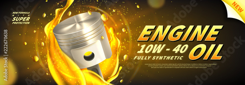 Engine oil advertisement web banner. Vector illustration with realistic pistons and motor oil on bright background. 3d ads template.