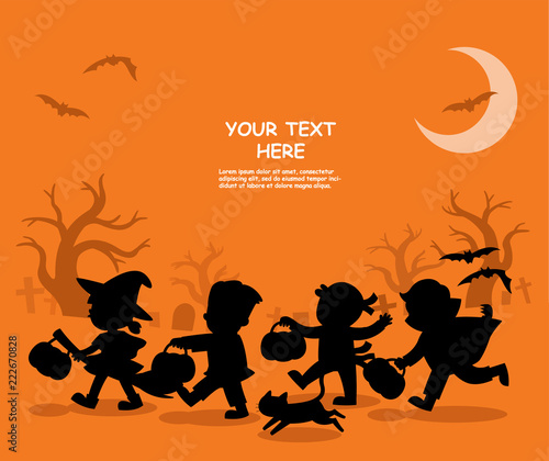 Happy Halloween. Children dressed in Halloween fancy dress to go Trick or Treating.Template for advertising brochure.