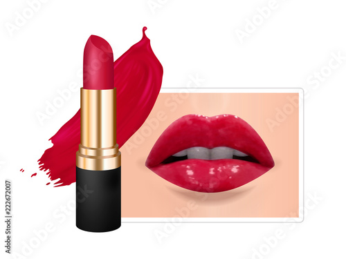 Black lipstick tube with golden elements, red color lipstick, lipstick smear and lips. Vector realistic illustration isolated on white background. Good for advertising banners, promoting of makeup.
