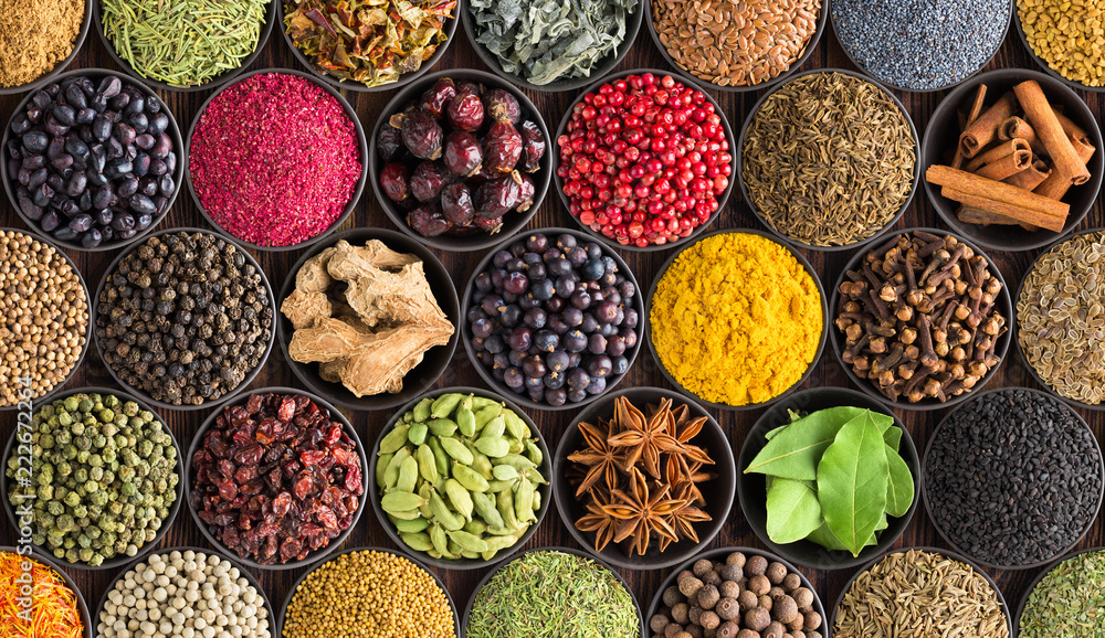 colorful spice background, top view. Seasonings and herbs for Indian food - obrazy, fototapety, plakaty 