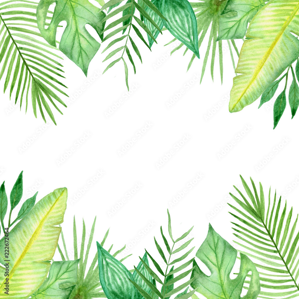 Watercolor frame of colorful tropical leaves. Concept of the jungle for the design of invitations, greeting cards, wallpapers, banners, web
