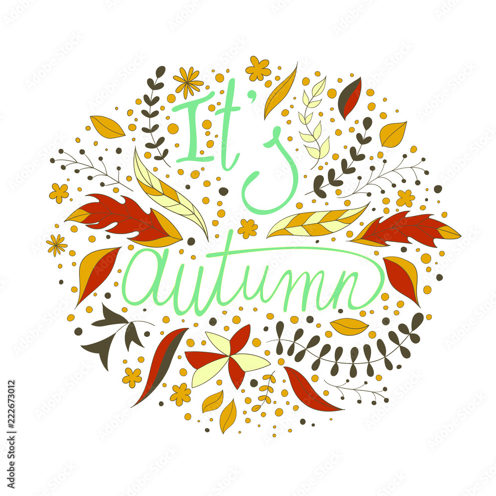 Fototapeta premium Vector backdrop. Autumn template.Vector circle design made of flowers. Botanical decoration, lettering. Floral card with copy space.