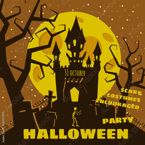 Halloween background with semetery and sceleton, haunted castle, house and full moon. Poster, flyer or invitation template for Halloween party. Retro, vector illustration.