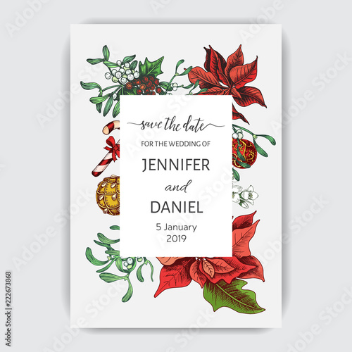 Illustration for the New Year with spruce toys, punch, mistletoe, holly. Wedding invitation for the winter ceremony. Template for the New year banner. Christmas greeting card.