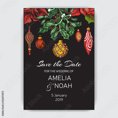 Illustration for the New Year with spruce toys, punch, mistletoe, holly. Wedding invitation for the winter ceremony. Template for the New year banner. Christmas greeting card.