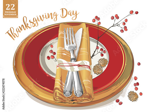 Thanksgiving poster template forks, knives, spoons, empty plate wine glass.