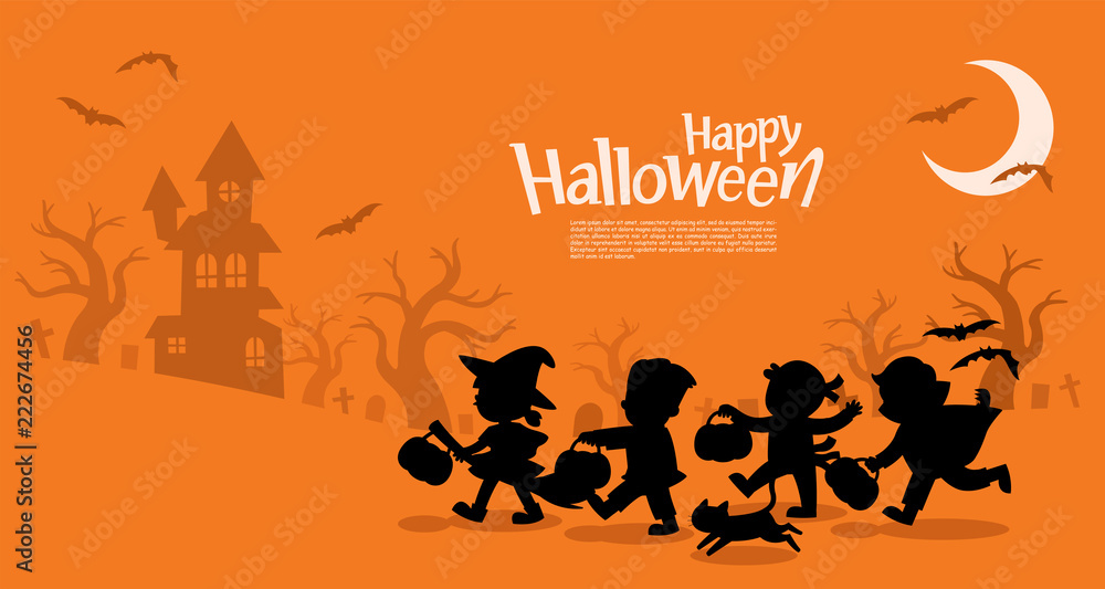 Happy Halloween. Children dressed in Halloween fancy dress to go Trick or Treating.Template for advertising brochure.