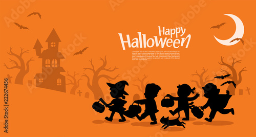 Happy Halloween. Children dressed in Halloween fancy dress to go Trick or Treating.Template for advertising brochure.