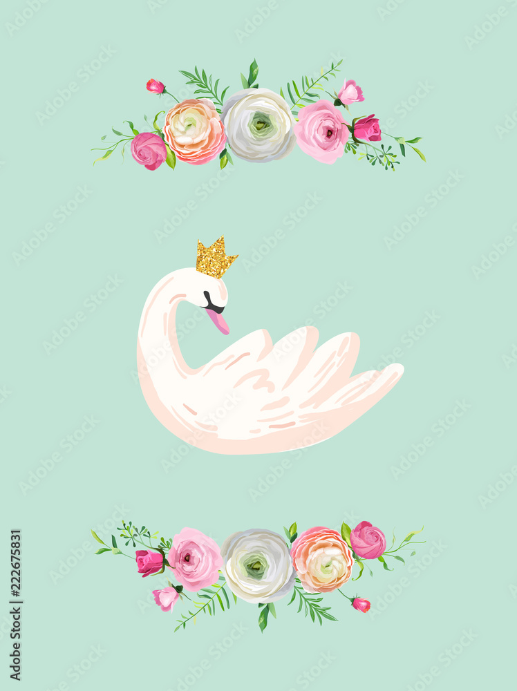 Fototapeta premium Illustration of Beautiful Swan with place for Baby Name for Poster Print, Baby Greetings, Invitation, Children Store Flyer, Brochure, Book Cover in vector