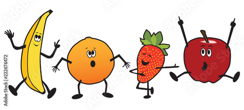 A group of cartoon dancing fruit including a banana, orange, strawberry and apple