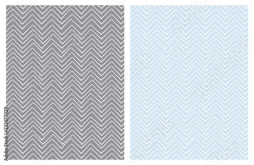 Set of Seamless Cute Chevron Patterns. White Zig Zag Shape a Gray ad Light Blue Background. Funny Irregular Design. Infantile Style.