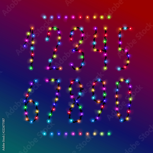 Vector number set from bright shiny colorful christmas lights. Glowing garland digits collection for holiday, birthday design, greeting cards, party invitation.