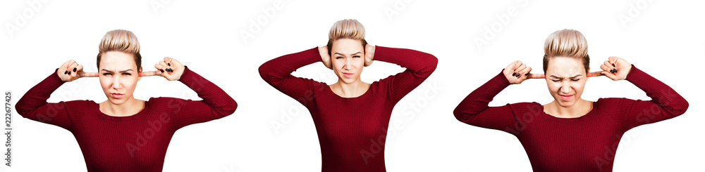 Set of young beautiful girl closing ears with her hands isolated on a white background. Set of young beautiful girl closing ears with her hands isolated on a white background.
