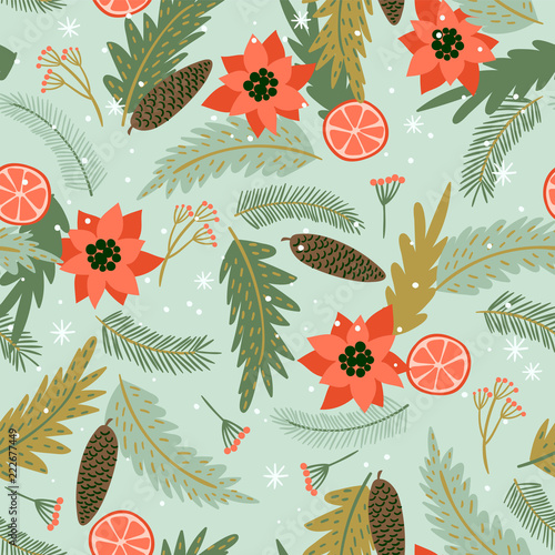 Christmas and Happy New Year seamless pattern with coniferous branches.