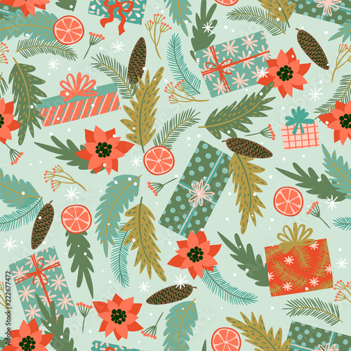 Christmas and Happy New Year seamless pattern with coniferous branches.