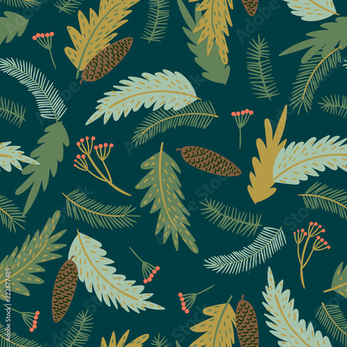 Christmas and Happy New Year seamless pattern with coniferous branches.