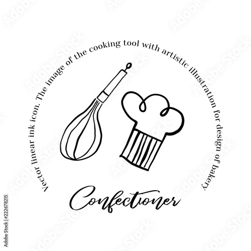 Bakery badge cafe with black ink line art vector icon for sweet shop sign and cafe app.
