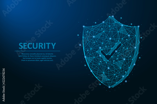 Security shield. Safety concept made by points and lines, polygonal wireframe mesh on night sky, dark blue background. Vector illustration.