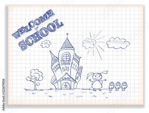 Checkered leaf with drawings on the school theme. Children and the teacher and the school.