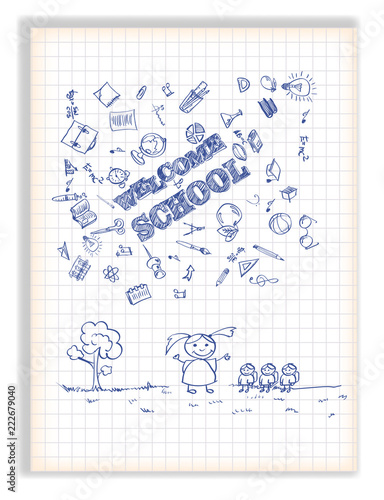 Checkered leaf with drawings on the school theme. Children and the teacher and the school.