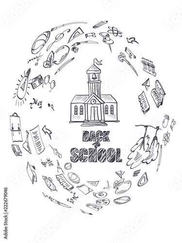 Back to school. White background with drawings on the theme of education.