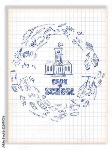 Back to school. White background with drawings on the theme of education.