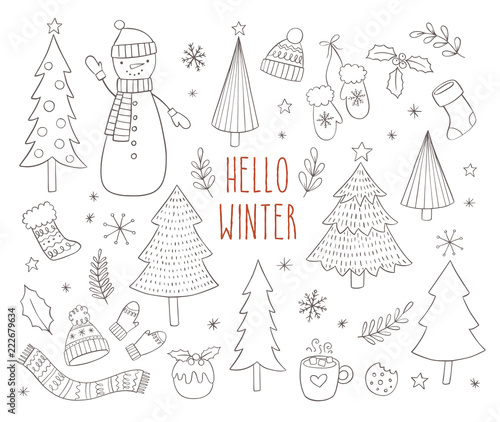 Hand drawn winter vector illustrations. Set of doodle elements for christmas, holidays and winter season.