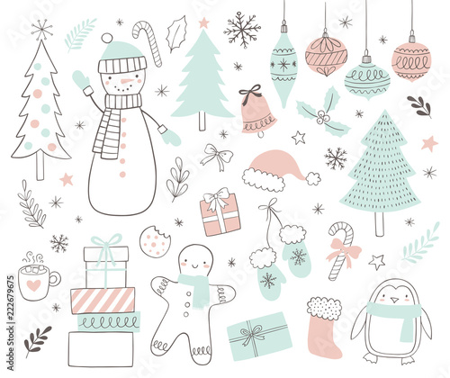 Christmas and holidays set of vector illustrations in doodle scandinavian style. Winter illustrations.