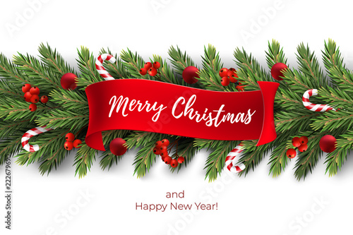 Holiday's Background for Merry Christmas greeting card with a realistic garland of pine tree branches, decorated with Christmas balls, Candy Canes, red berries