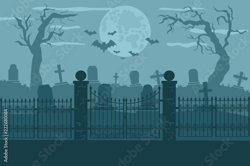 Cemetery or graveyard background. Silhouettes of gravestones, fence, moon etc. Color vector illustration for Halloween