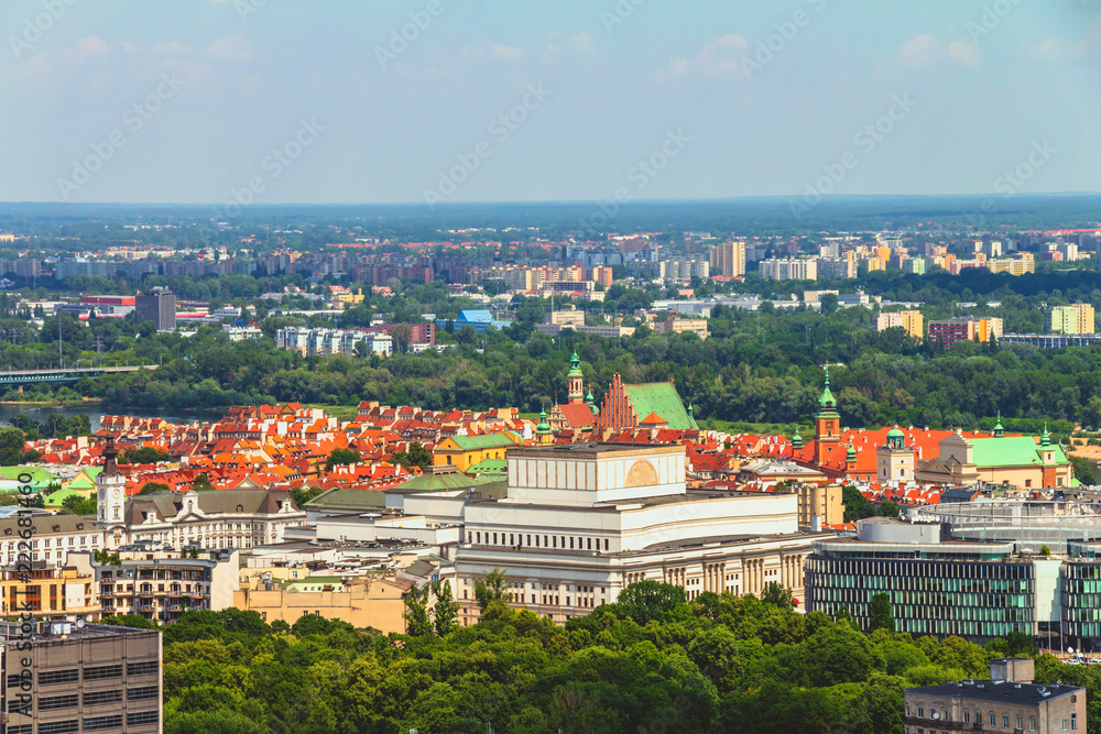Aerial view of the Warsaw skyline buildings including Warsaw old town area