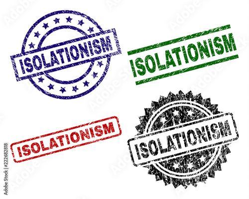 ISOLATIONISM seal prints with damaged texture. Black, green,red,blue vector rubber prints of ISOLATIONISM caption with corroded style. Rubber seals with circle, rectangle, medallion shapes.