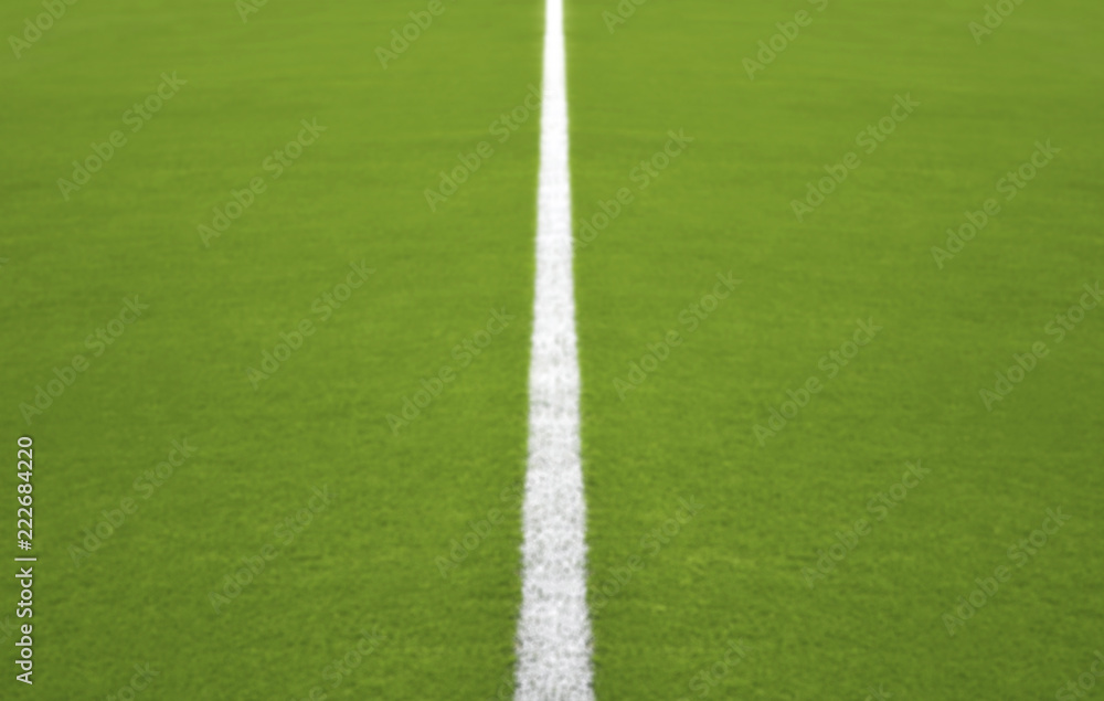 Defocused football / soccer field with White central line, Blur background ready for your design