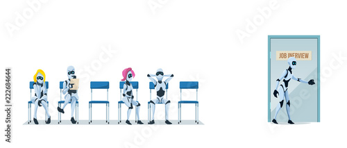 Job Interview Recruiting and Robots. Vector.