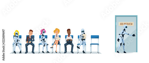 Job Interview Recruiting and Robots. Vector.