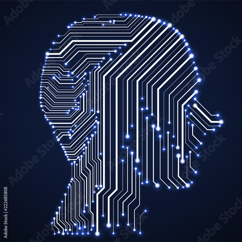 Abstract neon human head with circuit board. Vector