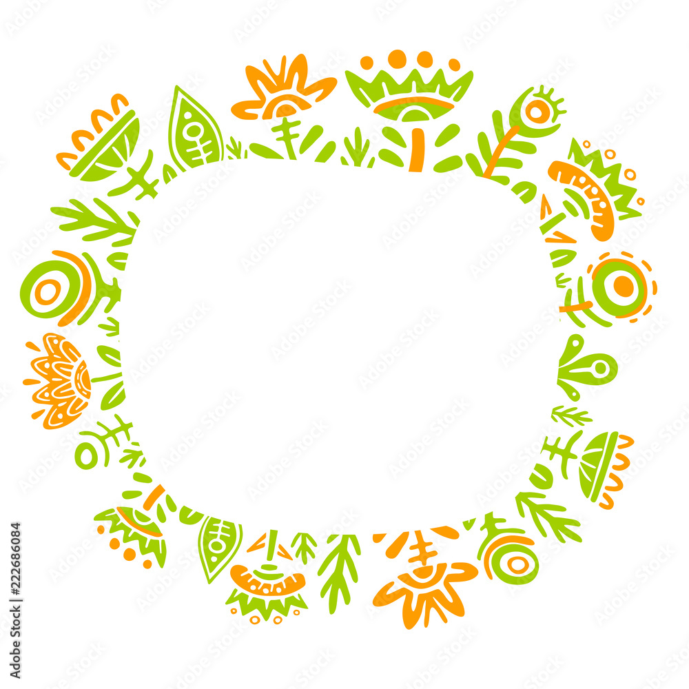 Fantasy fairy tale colorful flower frame on white background. Child drawing, unusual fairy plants and flowers. Fantasy fairy tale colorful flower frame on white background. Child drawing, unusual fairy plants and flowers.
