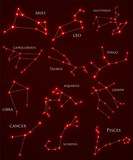 Set of zodiac constellations. Horoscope set: Aries, Leo, Sagitarius, Capricorn, Taurus, Virgo, Libra, Aquarius, Gemini, Cancer, Scorpio, Pisces. Vector Illustration. Eps10