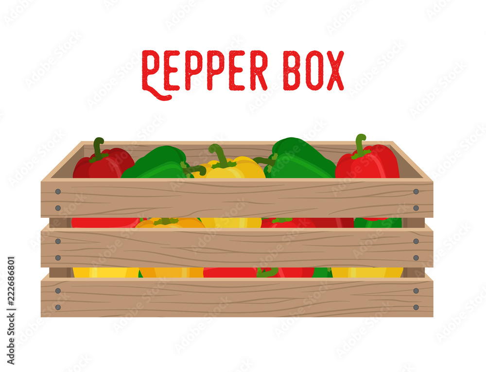 Vector box with bell pepper, grocery basket with garden products Vector box with bell pepper, grocery basket with garden products