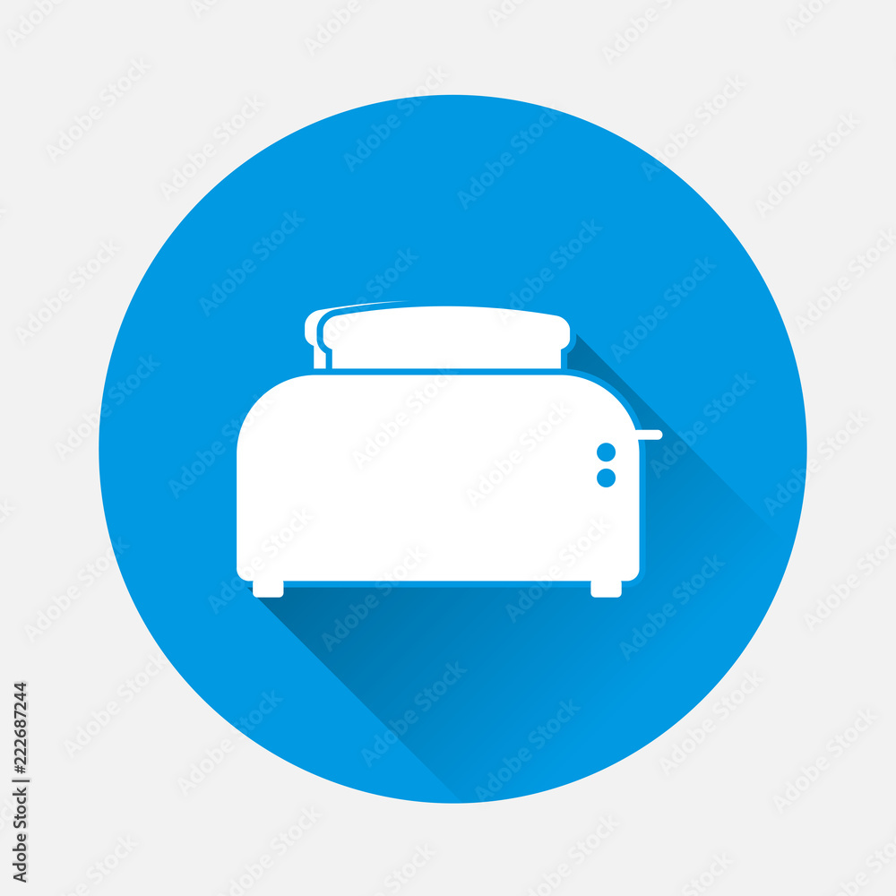 Vector image of a toaster and bread. Kitchen Appliances on blue background. Flat image toaster with long shadow. Layers grouped for easy editing illustration. For your design. Vector image of a toaster and bread. Kitchen Appliances on blue background. Flat image toaster with long shadow. Layers grouped for easy editing illustration. For your design.
