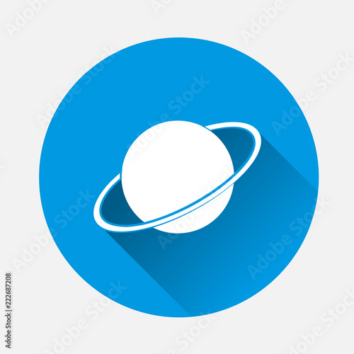 Vector image of space. Planet Saturn Icon on blue background. Flat image Saturn  with long shadow. Layers grouped for easy editing illustration. For your design.