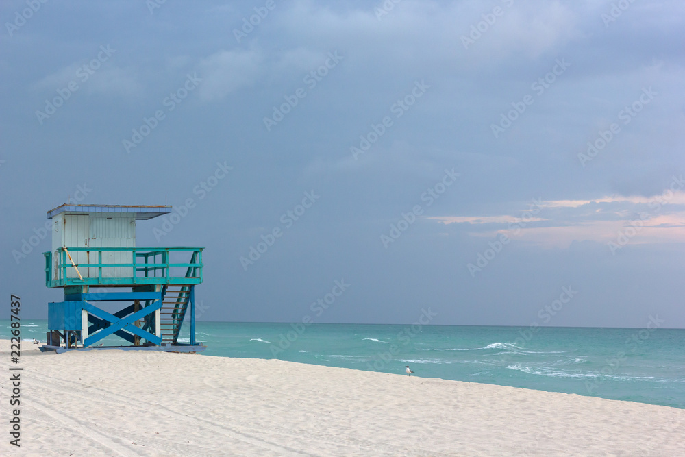 Lifeguard cabin on empty Miami Beach at cloudy sunrise. Seagulls on a sandy sea beach and lonely cabin near the water edge with a lifeguard off duty.